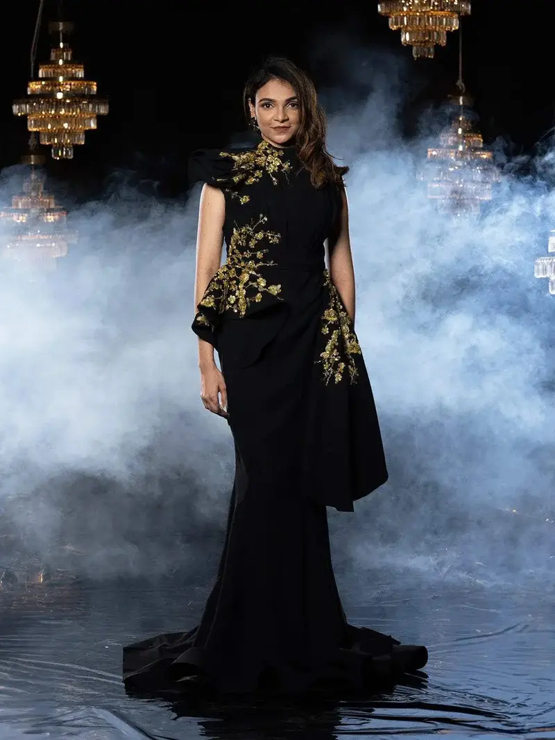 Black Crepe Gown With Sequins & Pearls 1
