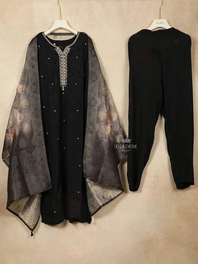 Black Crepe Straight Cut Salwar Suit Adorned With Stone  Design Prints Paired With Dupatta 1