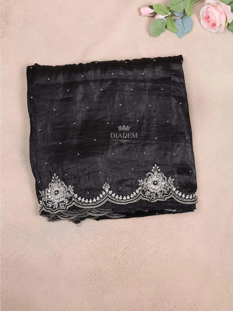 Black Crush Satin Saree With Dotted Designs On The Body And Embroidery Border 1