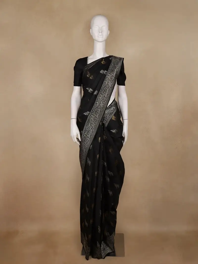 Black Deer Motif Woven Pure Kanchipuram Silk Saree 1