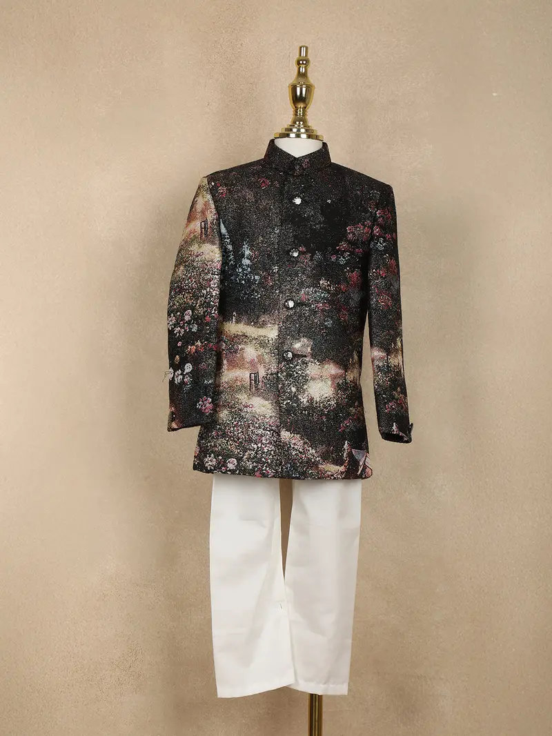 Black Digital Printed Designer Kids Polyester Sherwani Set With White Pants 1