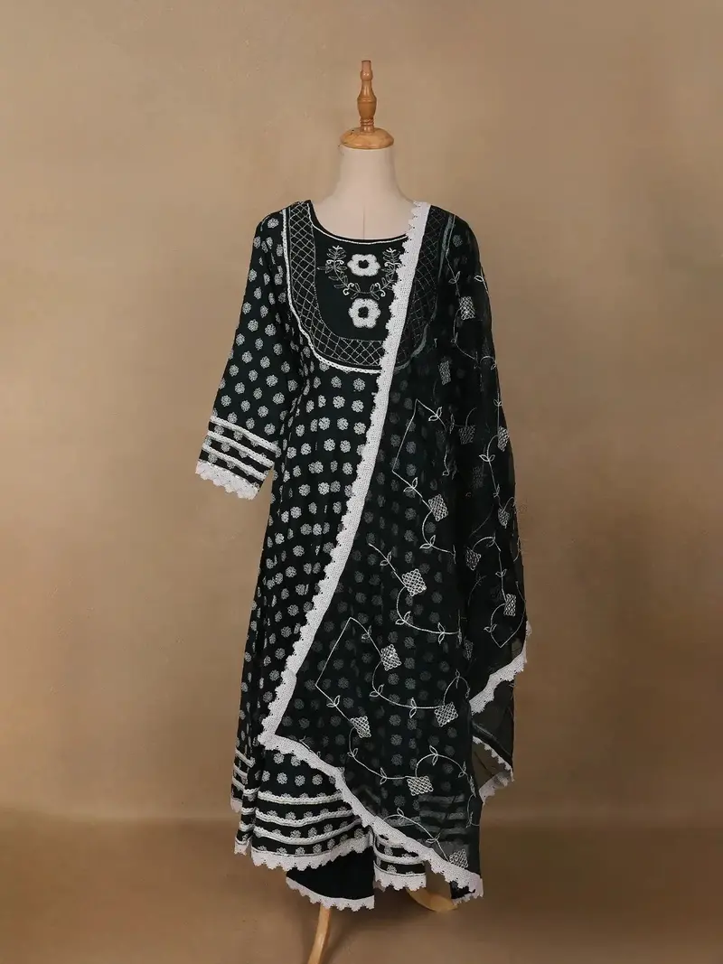 Black Dot Printed Cotton Salwar Suit Set With Lace Detailing 1