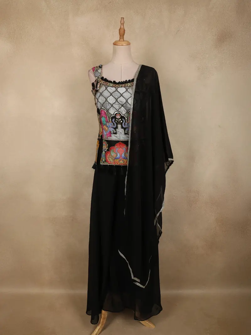 Black Embroidered Animal Printed Georgette Palazzo Suit 1