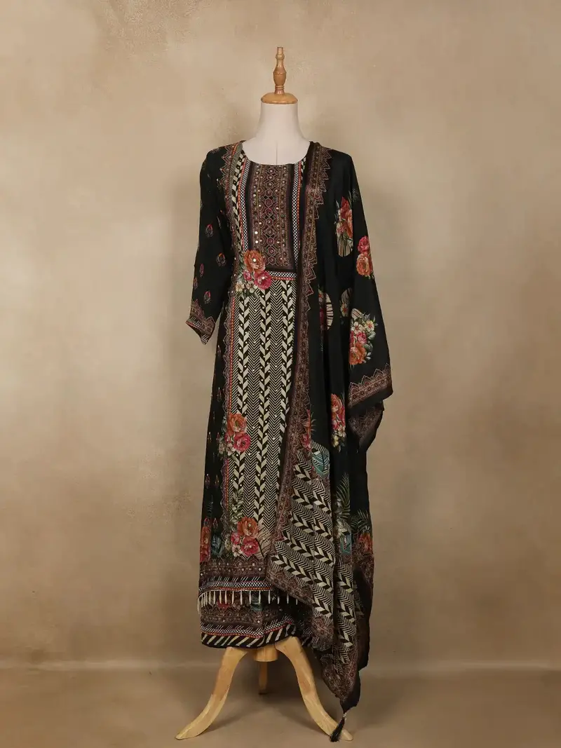 Black Embroidered Design Crepe Palazzo Suit 1