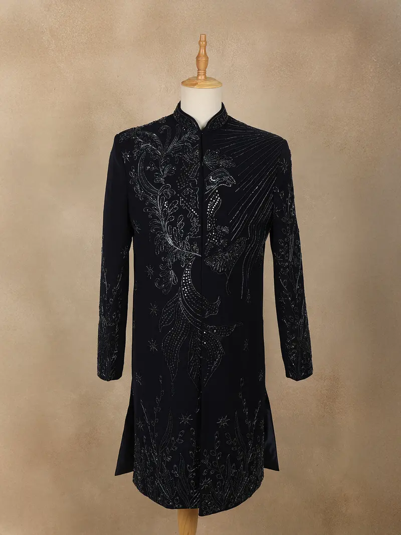Black Embroidered Design Jacquard Indo-Western Sherwani 1