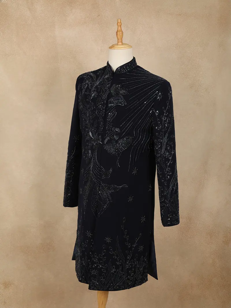 Black Embroidered Design Jacquard Indo-Western Sherwani 3