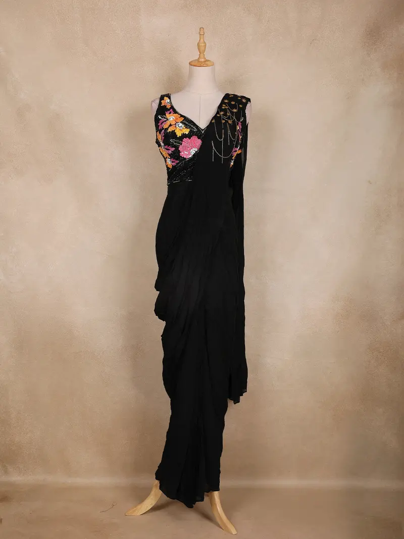 Black Embroidery Georgette Ready To Wear Saree With Designer Blouse 1