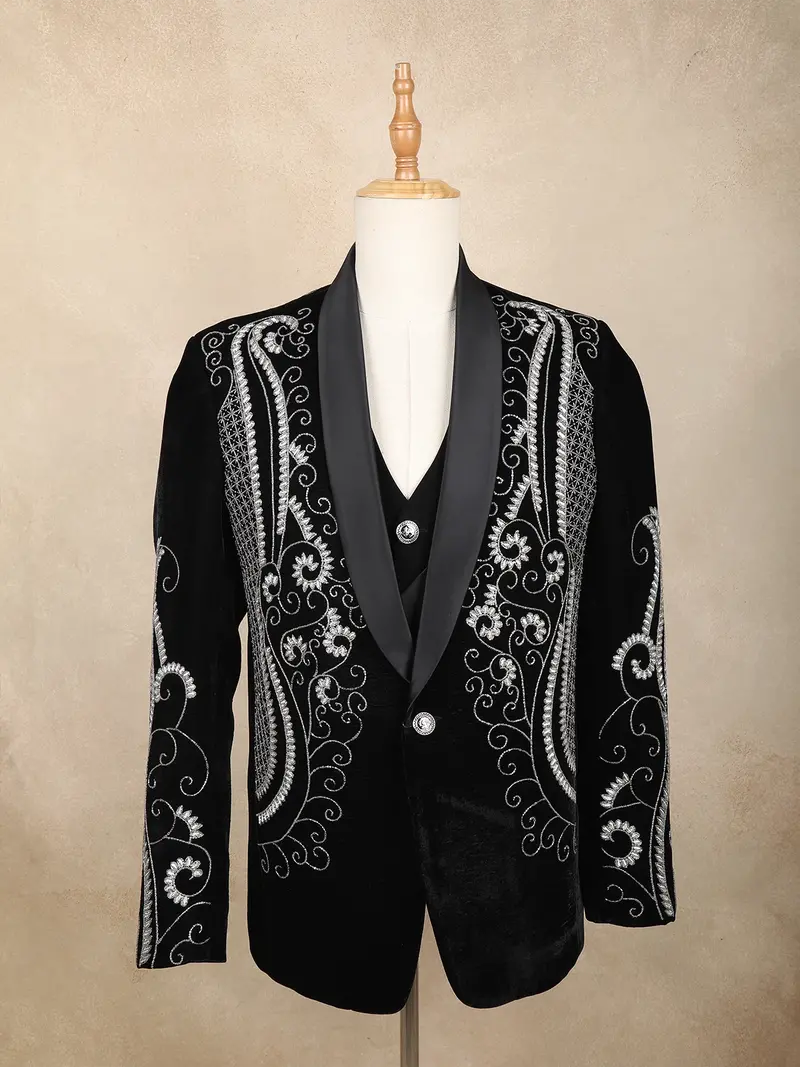 Black Floral And Geometric Embroidered Velvet Men's Suit 1