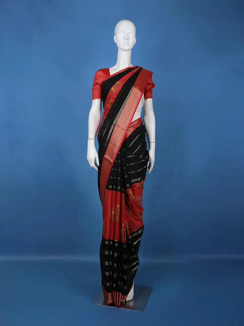 Black Floral And Striped Design Semi Tussar Saree 1