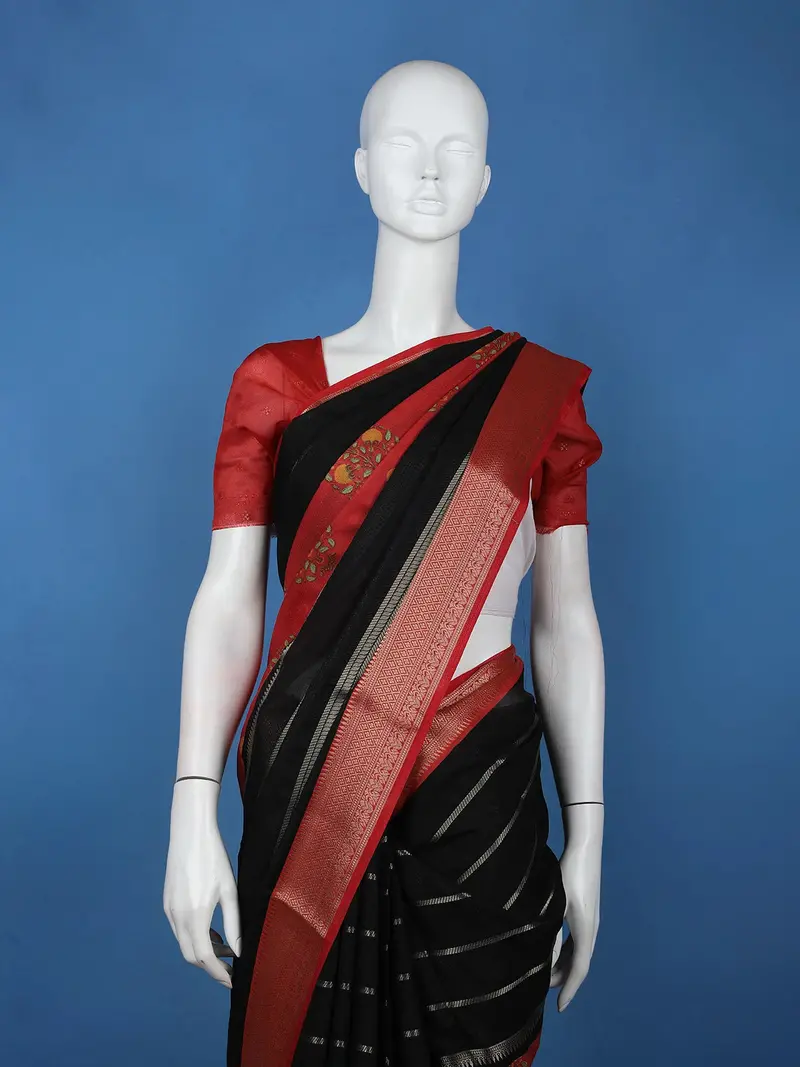 Black Floral And Striped Design Semi Tussar Saree 2