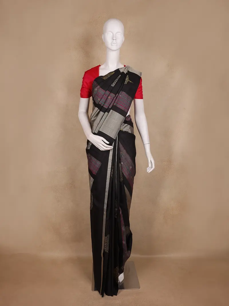 Black Floral And Stripes Woven Kanchipuram Silk Saree 1