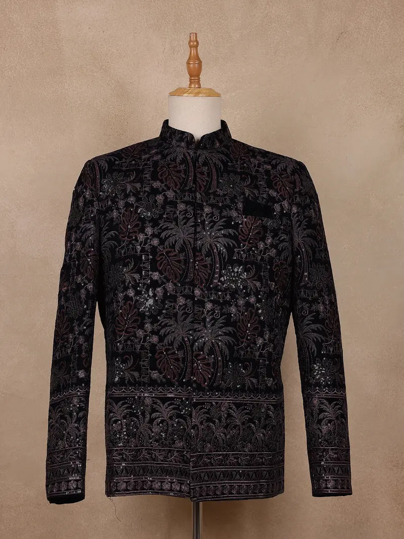 Black Floral And Tree Design Velvet Suit 1