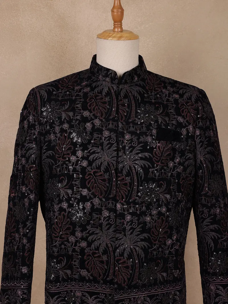 Black Floral And Tree Design Velvet Suit 2