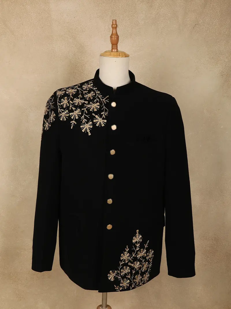Black Floral Beads Embroidered Design Polynosic Men's Suit 1