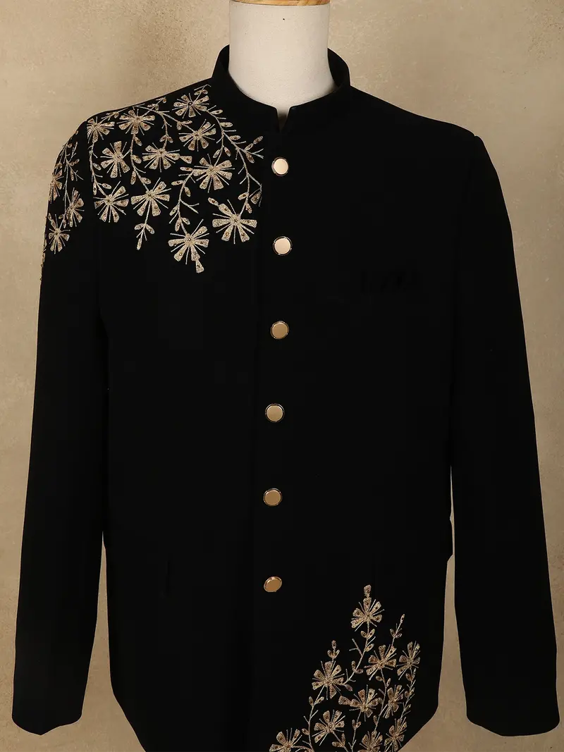 Black Floral Beads Embroidered Design Polynosic Men's Suit 2