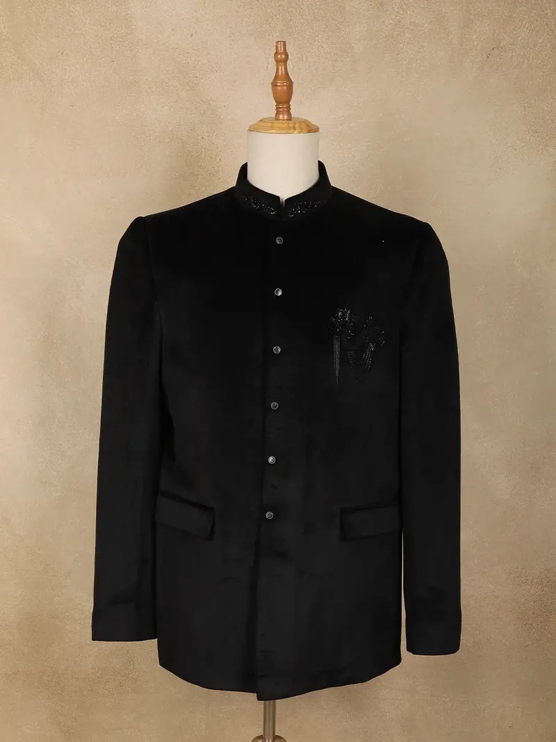 Black Floral Beads Embroidered Design Velvet Men’S Suit 1