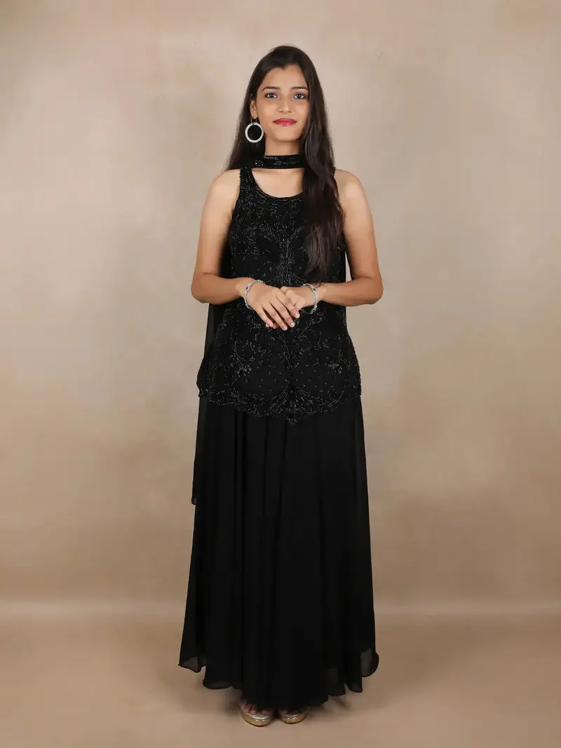 Black Floral Beads Embroidered Georgette Palazzo Suit With Dupatta 1