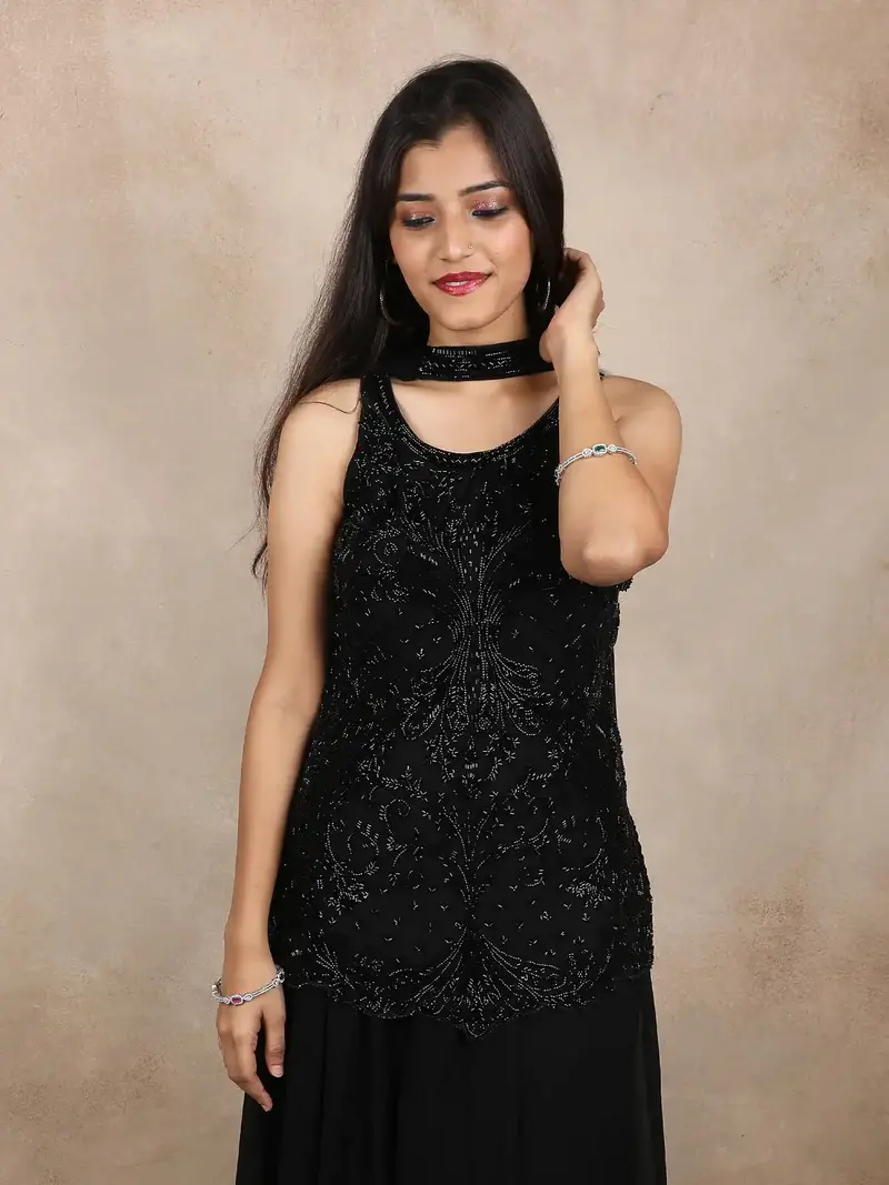 Black Floral Beads Embroidered Georgette Palazzo Suit With Dupatta 2