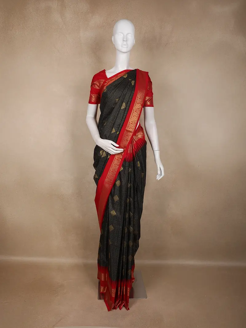 Black Floral Butta Design Art Silk Fancy Wear Saree With Contrast Border 1
