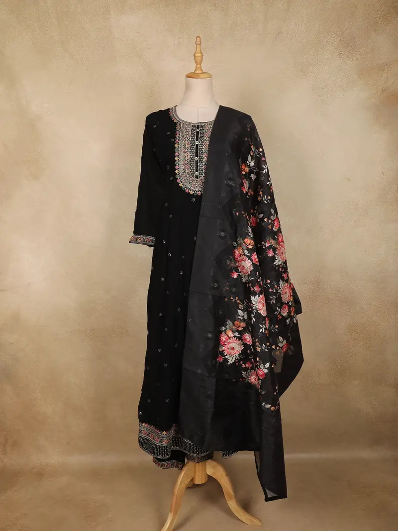 Black Floral Butta Design Georgette Straight Cut Salwar Suit With Dupatta 1