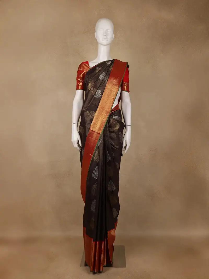 Black Floral Butta Woven Silk Saree With Contrast Border 1