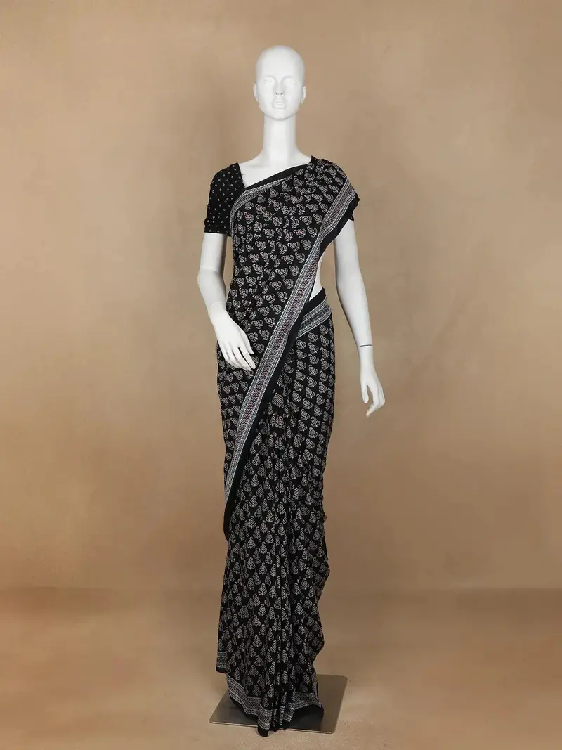 Black Floral Design Cotton Saree 1