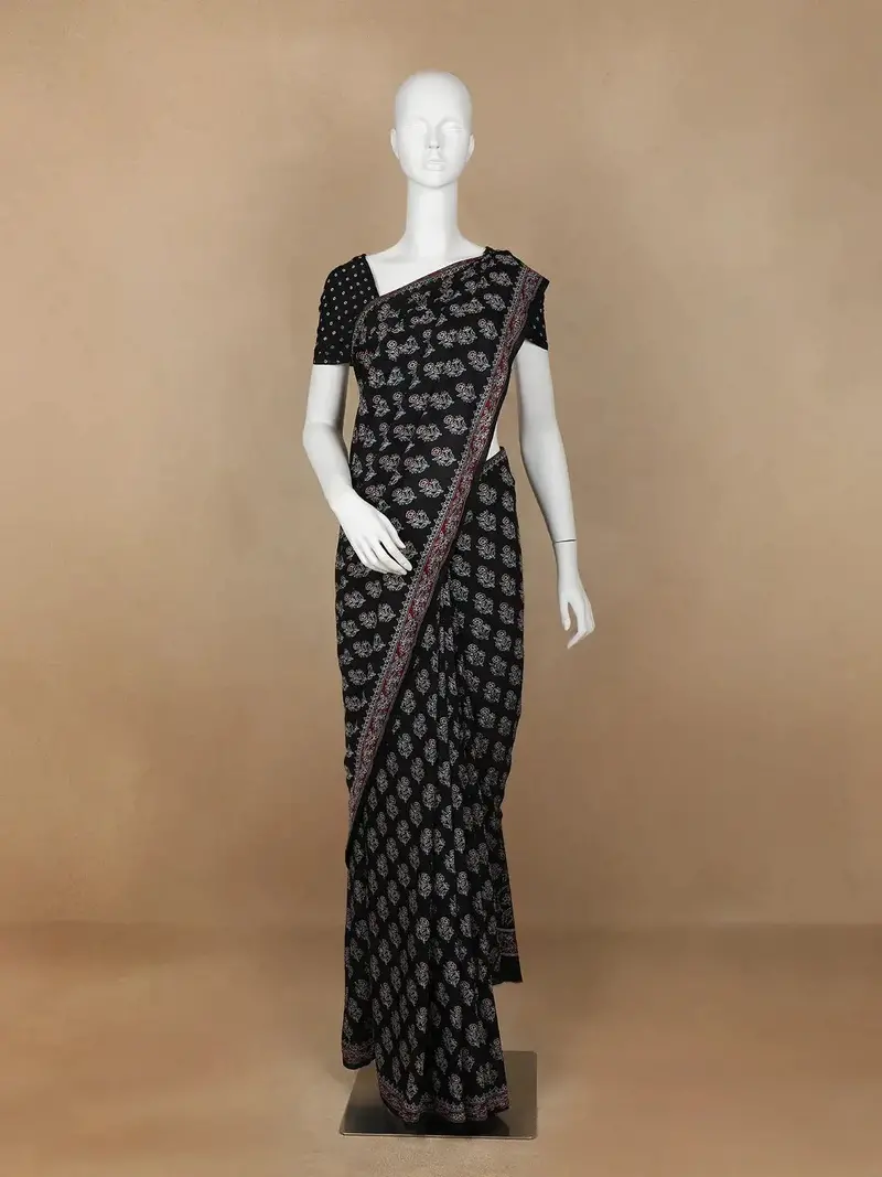 Black Floral Design Cotton Saree 1