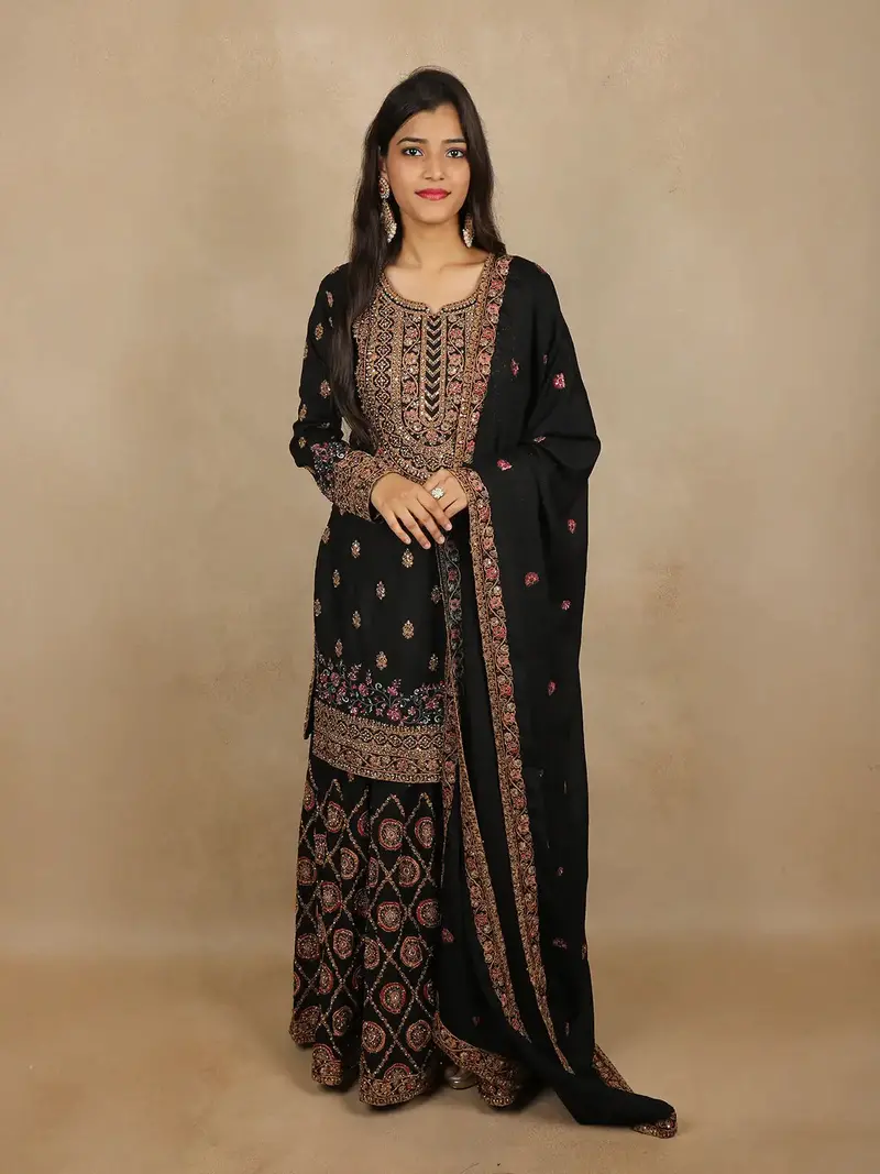 Black Floral Design Georgette Palazzo Suit 1