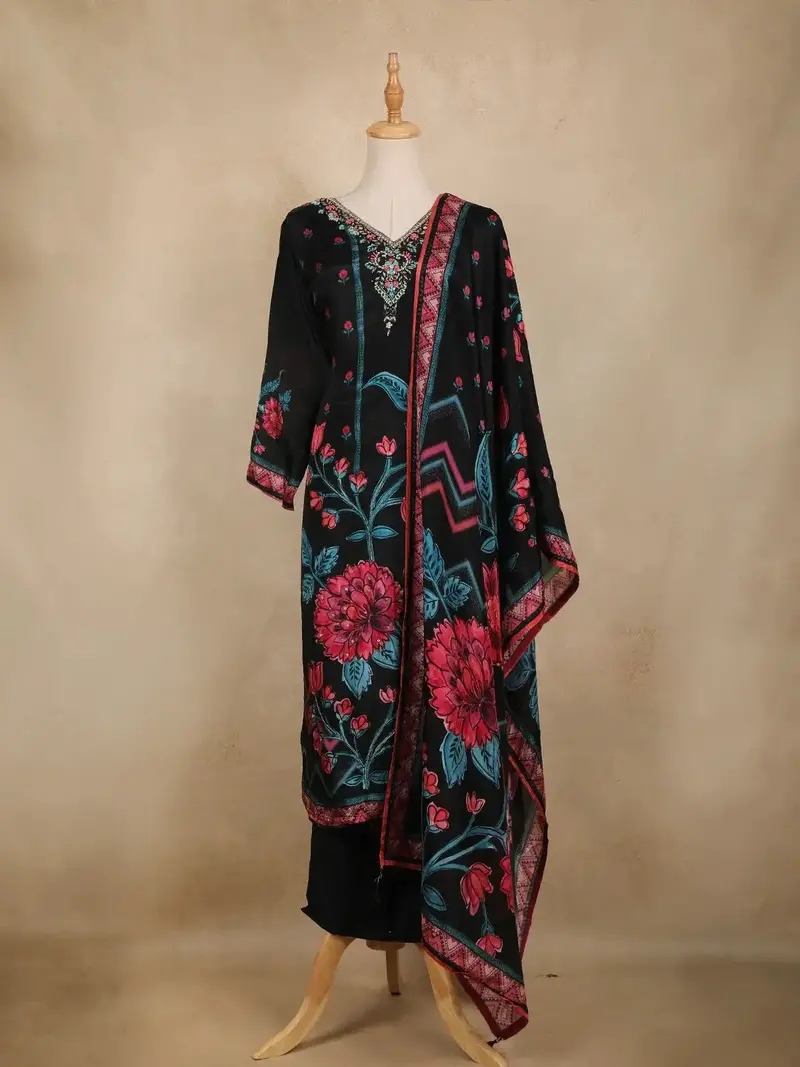 Black Floral Design Organza Straight Cut Salwar Suit 1