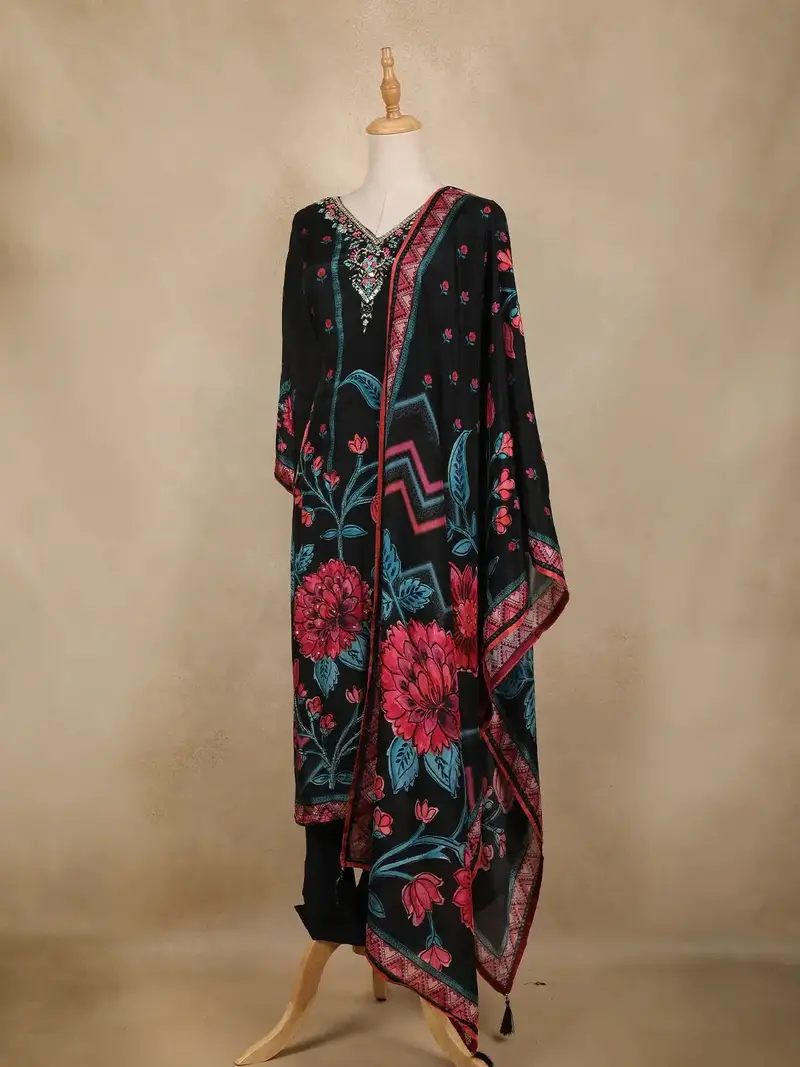 Black Floral Design Organza Straight Cut Salwar Suit 3