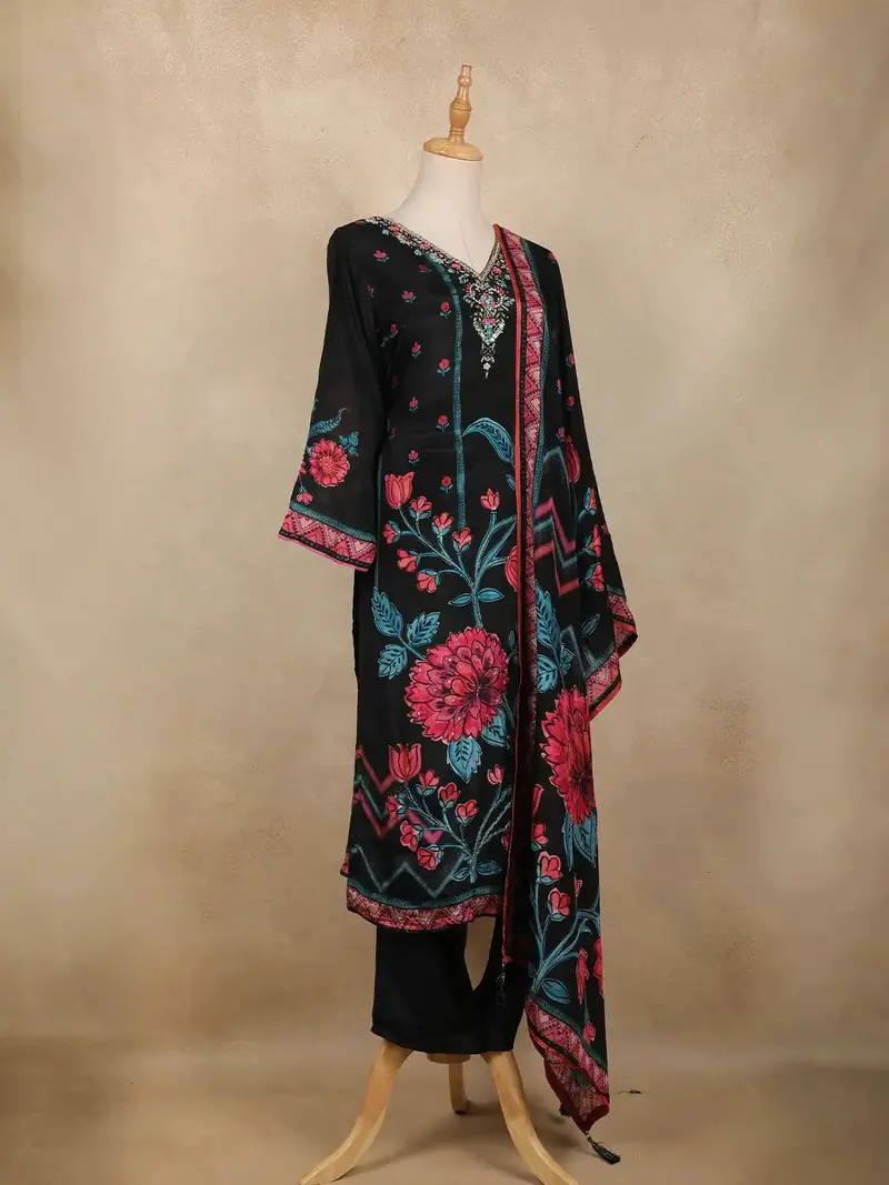 Black Floral Design Organza Straight Cut Salwar Suit 4