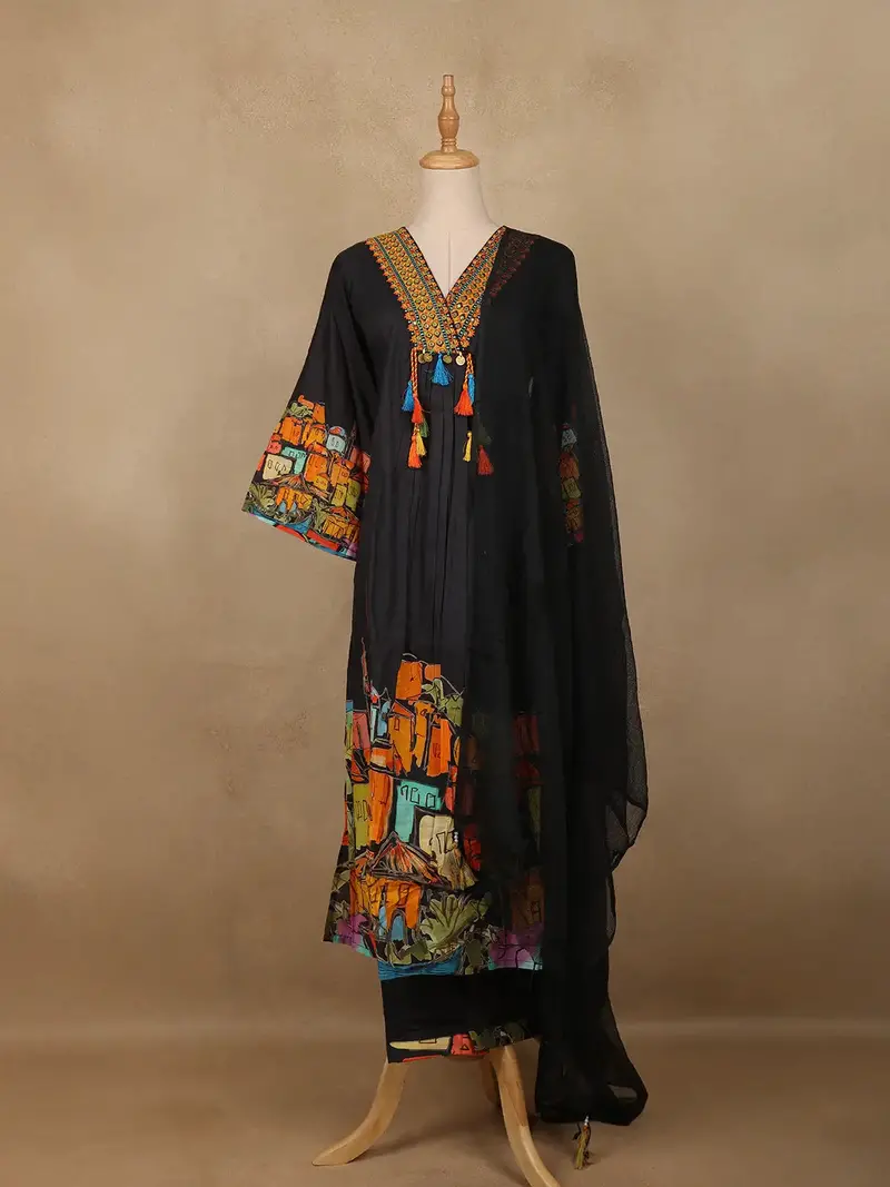 Black Floral Design Print Cotton Salwar Suit 1