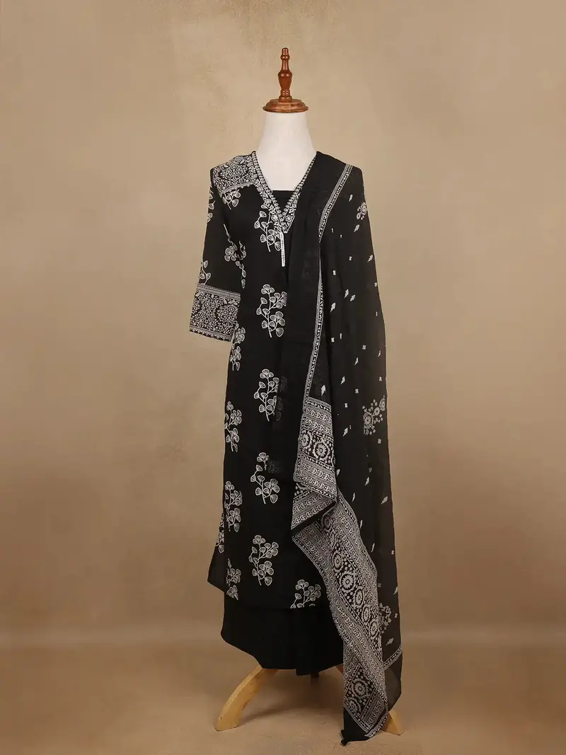 Black Floral Design Printed Cotton Salwar Suit 1