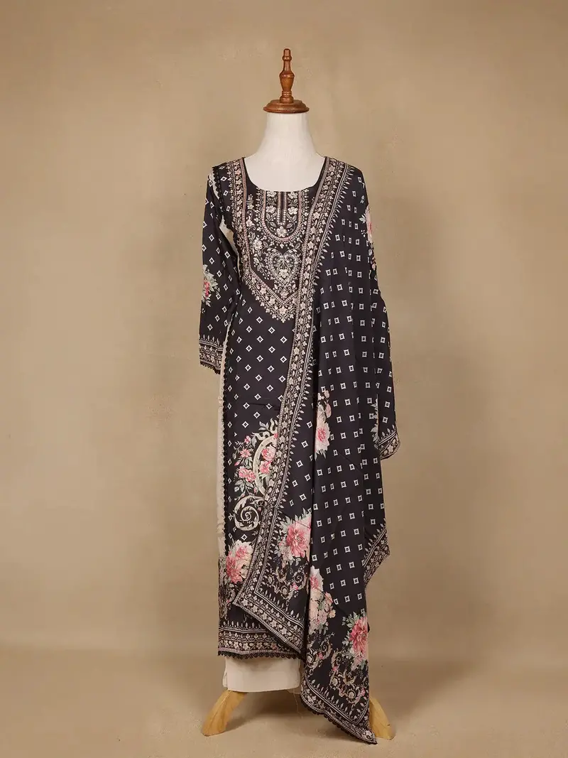 Black Floral Design Printed Cotton Salwar Suit 1