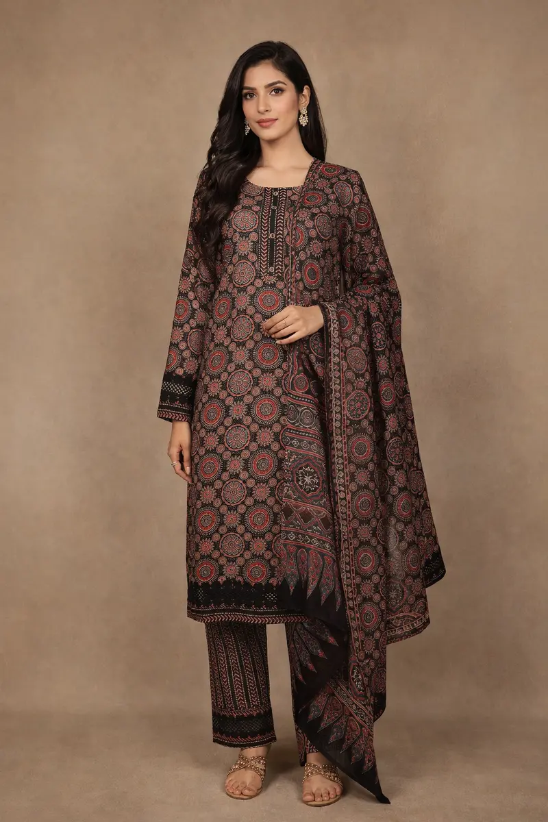 Black Floral Design Printed Cotton Salwar Suit 1
