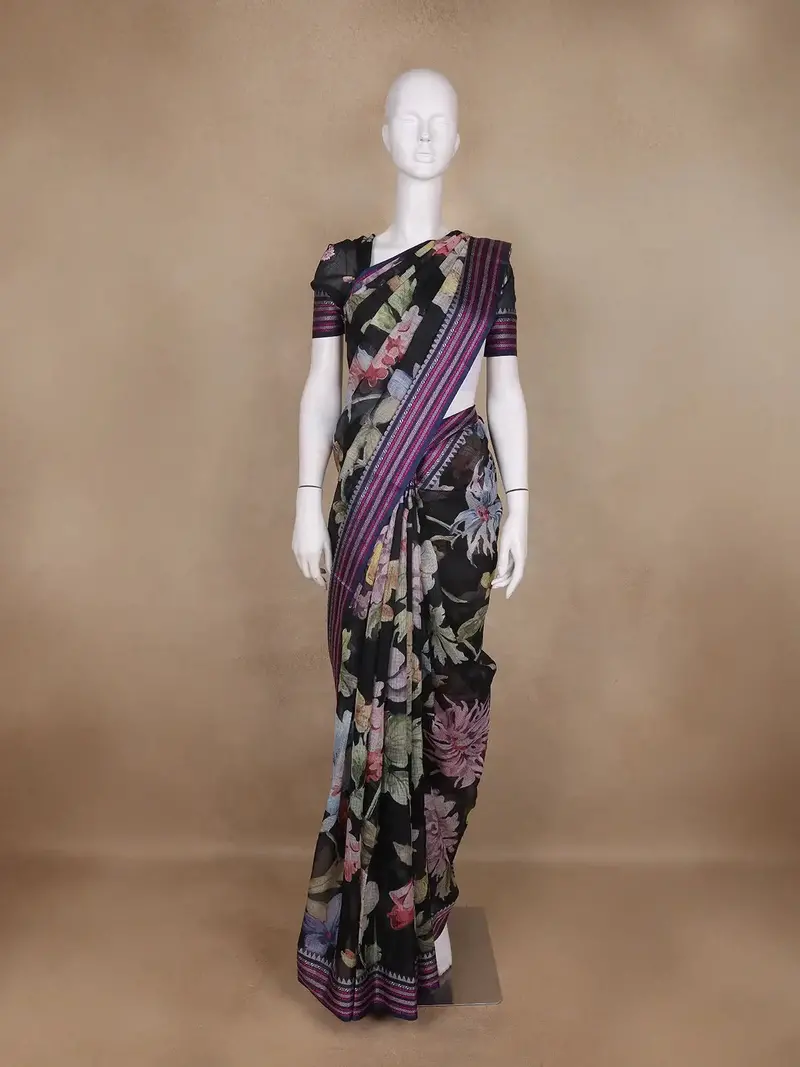 Black Floral Design Printed Kota Cotton Saree 1