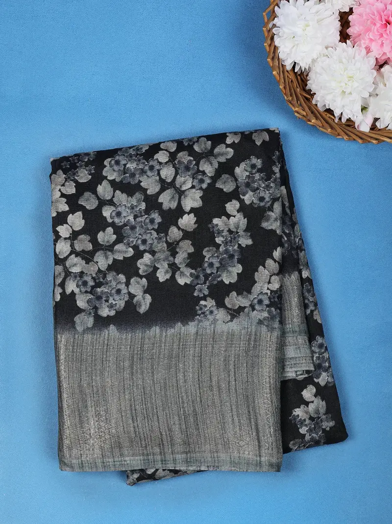 Black Floral Design Raw Silk Saree 1