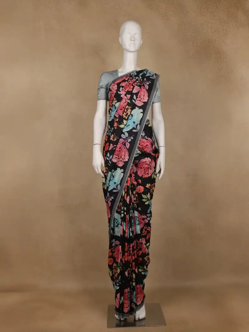 Black Floral Design Satin Saree 1
