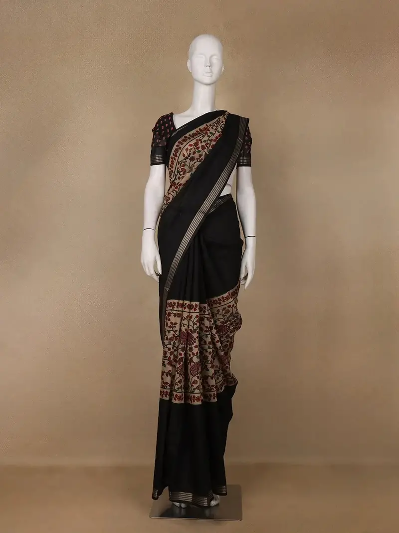 Black Floral Design Striped Border Cotton Saree 1