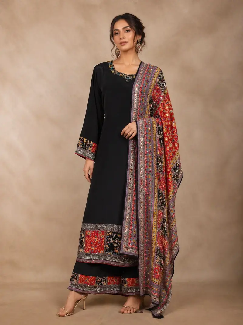 Black Floral Design Synthetic Straight Cut Salwar Suit 1