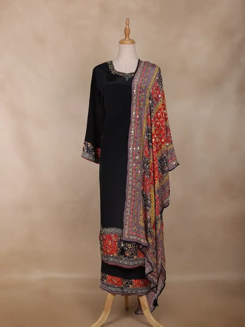 Black Floral Design Synthetic Straight Cut Salwar Suit 2