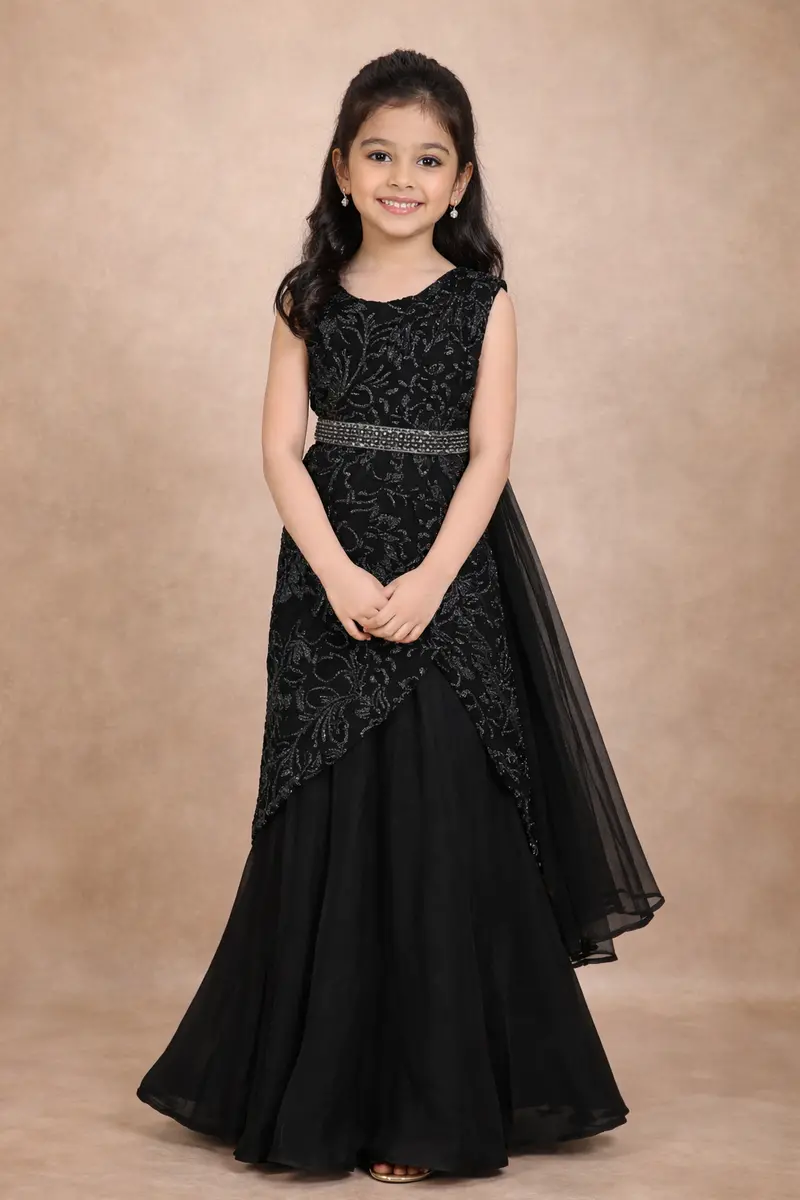 Black Floral Design Velvet Kids Lehenga With Sequined Waist Belt 1