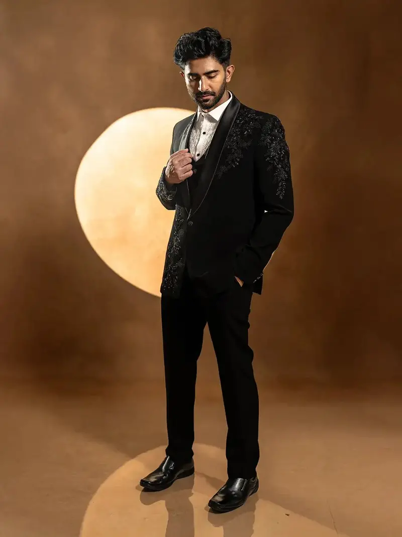 Black Floral Designed 3-Piece Suit With Matching Blazer Coat 1