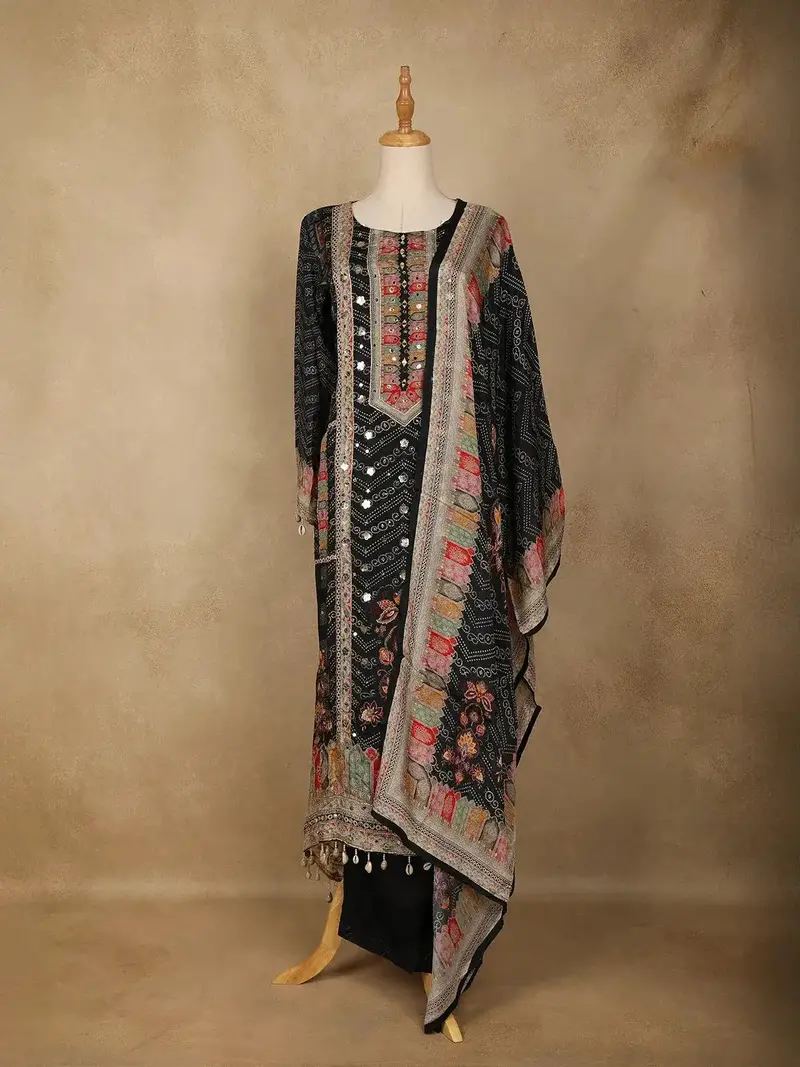 Black Floral Designed Chiffon Straight Cut Salwar Suit 1