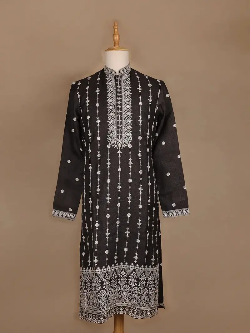 Black Floral Designed Cotton Kurta Set, With Pant 1