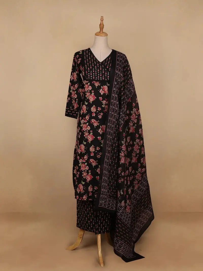 Black Floral Designed Cotton Salwar Suit 1