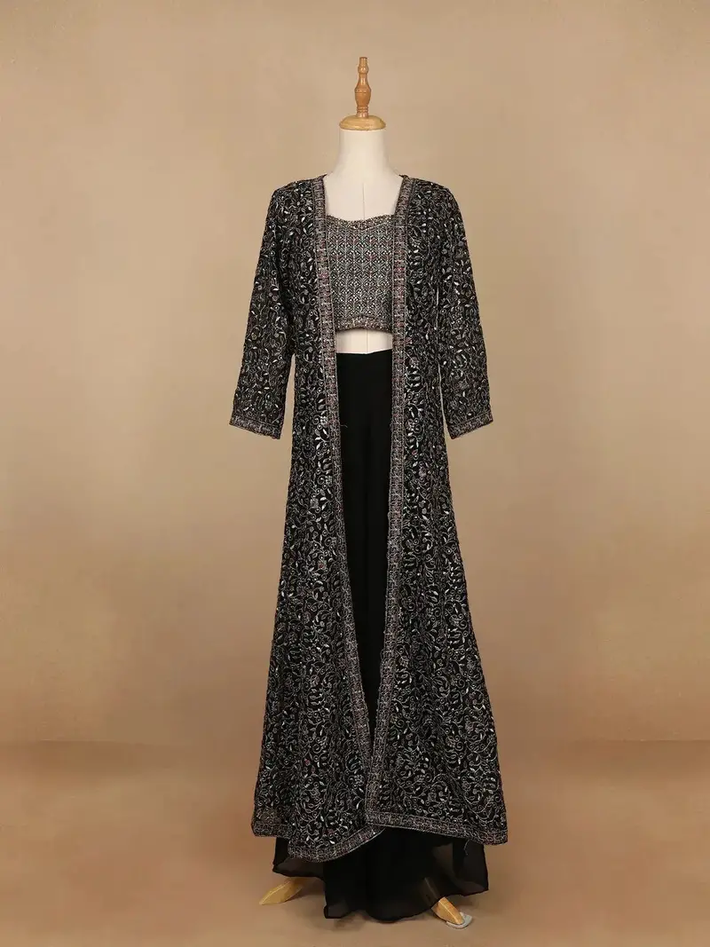Black Floral Designed Georgette Palazzo Suit 1