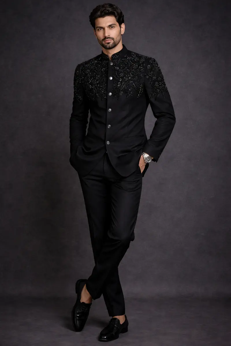 Black Floral Designed Jodhpuri Men's Suit 1