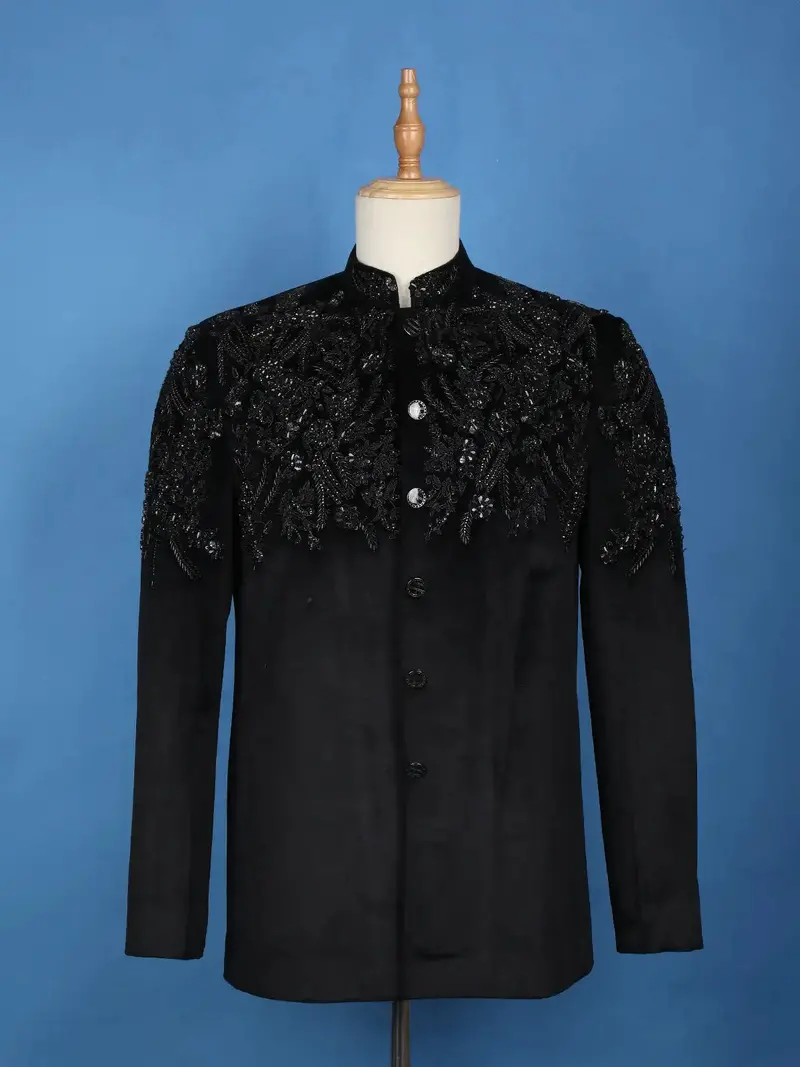 Black Floral Designed Jodhpuri Men's Suit 2