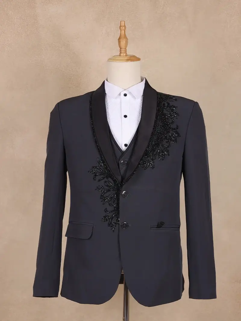 Black Floral Designed Men's Suit For Reception 1